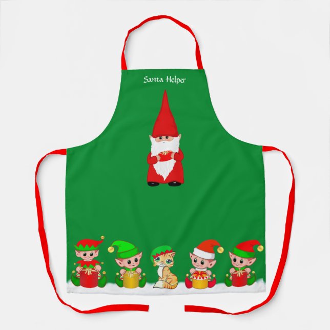 Cute Christmas Gnome and Elf Squad  on Green Apron (Front)