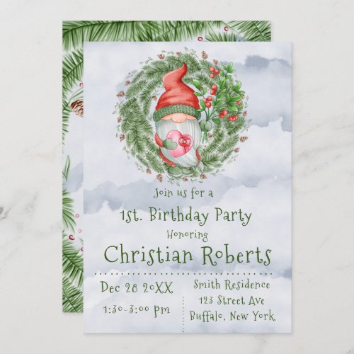 Cute Christmas Gnome Birthday Party Invitations 