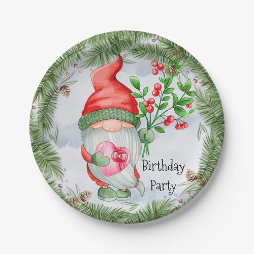 Cute Christmas Gnome Birthday Party Paper Plates