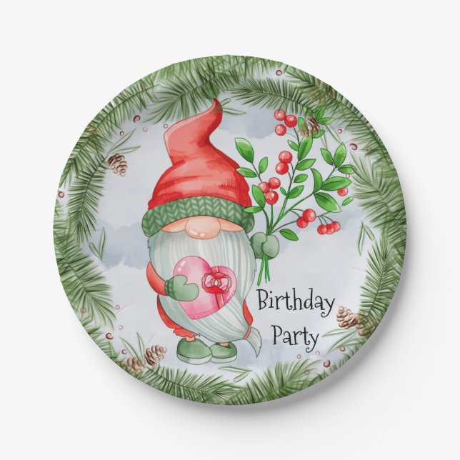 Cute Christmas Gnome Birthday Party Paper Plates (Front)