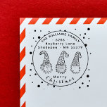 Cute Christmas Gnome Christmas Return Address Self-inking Stamp<br><div class="desc">This rustic return address stamp features a circular frame surrounded by falling snow (dots). Inside the circle, which looks like a crystal globe is a Merry Christmas greeting written in a festive script, tree cute Christmas Gnomes, family name, and address, in a modern round font. You can easily customize this...</div>