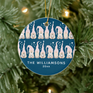 Cute Christmas Gnome Family Blue Personalized Ceramic Ornament