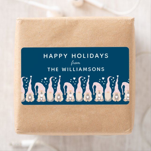 Cute Christmas Gnome Family Blue Personalized  Label (Insitu)