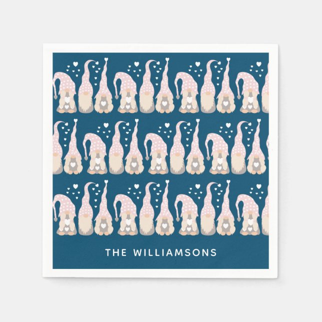 Cute Christmas Gnome Family Blue Personalized Napkins (Front)