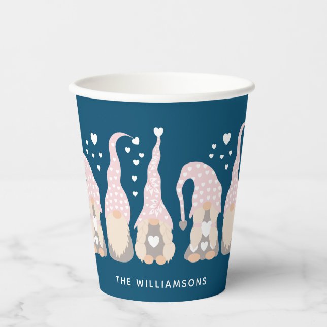 Cute Christmas Gnome Family Blue Personalized Paper Cups (Front)