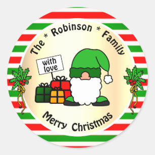Cute Christmas Gnome Green and Red Striped Humor Classic Round Sticker