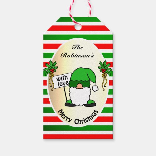 Cute Christmas Gnome Green and Red Striped Humor Gift Tags