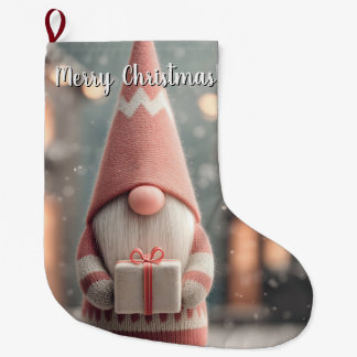 Cute Christmas Gnome Holding a Gift Box Large Christmas Stocking