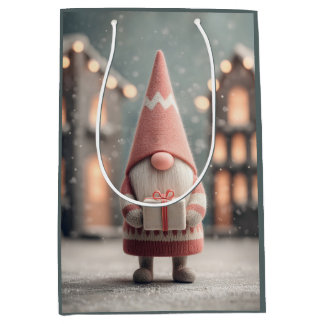 Cute Christmas Gnome Holding a Gift Box Medium Gift Bag