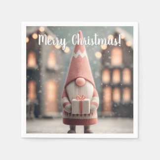 Cute Christmas Gnome Holding a Gift Box Napkins