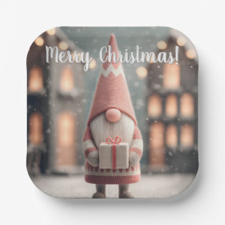 Cute Christmas Gnome Holding a Gift Box Paper Plates