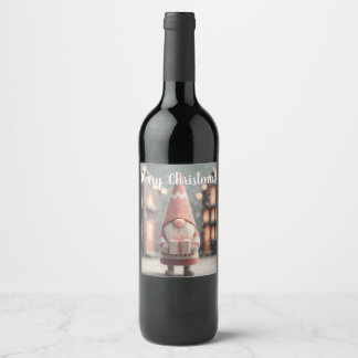 Cute Christmas Gnome Holding a Gift Box Wine Label