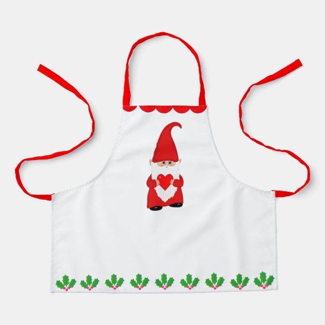 Cute Christmas Gnome & Holly Berry Leaf Decoration Apron (Front)