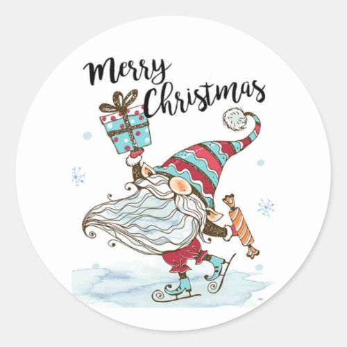 Cute Christmas Gnome Ice Skating Classic Round Sticker