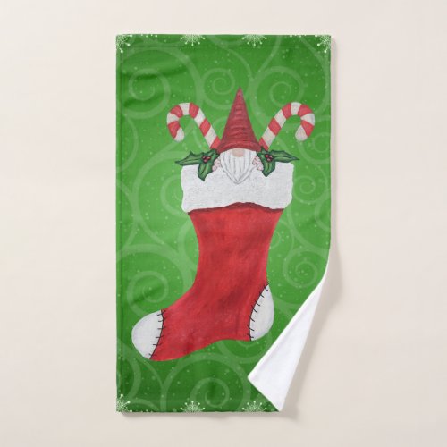 Cute Christmas Gnome in Stocking Candy Canes Green Hand Towel