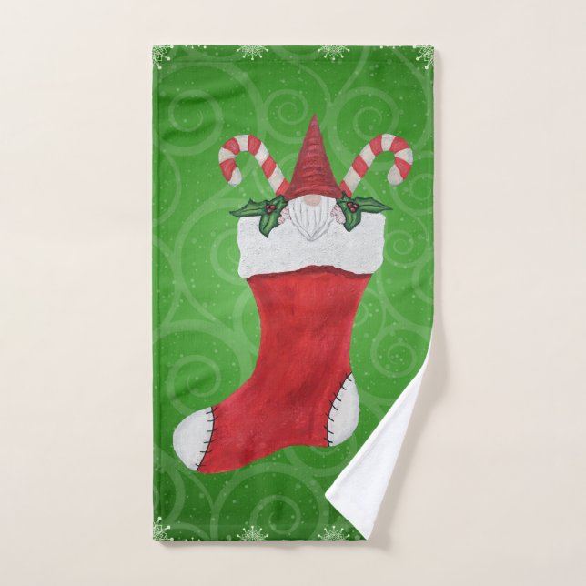Cute Christmas Gnome in Stocking Candy Canes Green Hand Towel (Hand Towel)