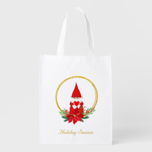 Cute Christmas Gnome on Golden Wreath Grocery Bag