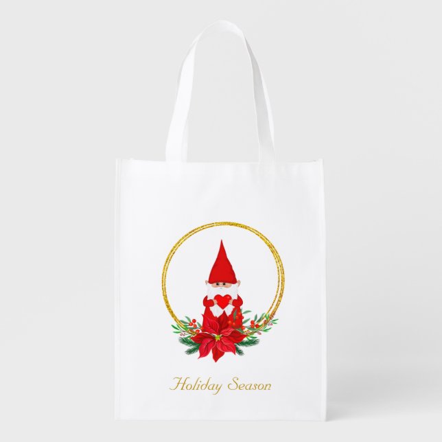 Cute Christmas Gnome on Golden Wreath Grocery Bag (Front)
