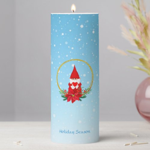 Cute Christmas Gnome on Light Blue Pillar Candle