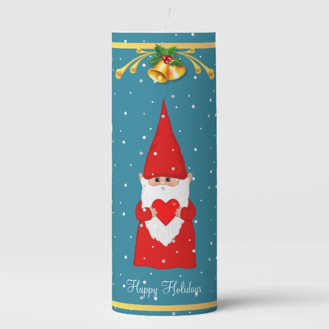 Cute Christmas Gnome on Light Sapphire Blue Pillar Candle (Front)