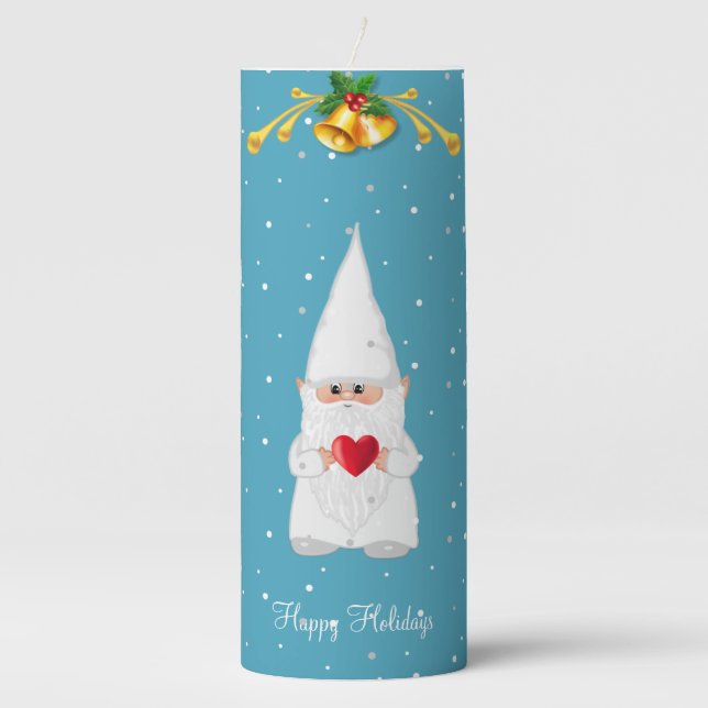 Cute Christmas Gnome on Light Sapphire Blue Pillar Pillar Candle (Front)
