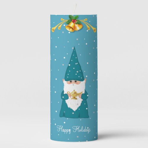 Cute Christmas Gnome on Light Sapphire Blue Pillar Pillar Candle
