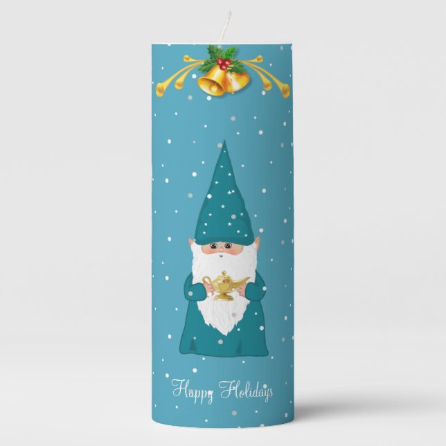 Cute Christmas Gnome on Light Sapphire Blue Pillar Pillar Candle (Front)