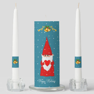 Cute Christmas Gnome on Light Sapphire Blue Unity Candle Set