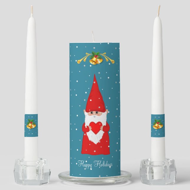Cute Christmas Gnome on Light Sapphire Blue Unity Candle Set (Front)
