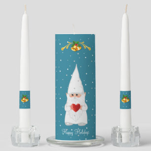 Cute Christmas Gnome on Light Sapphire Blue Unity  Candle Set