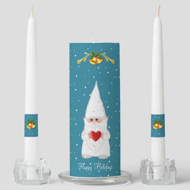 Cute Christmas Gnome on Light Sapphire Blue Unity  Candle Set (Front)