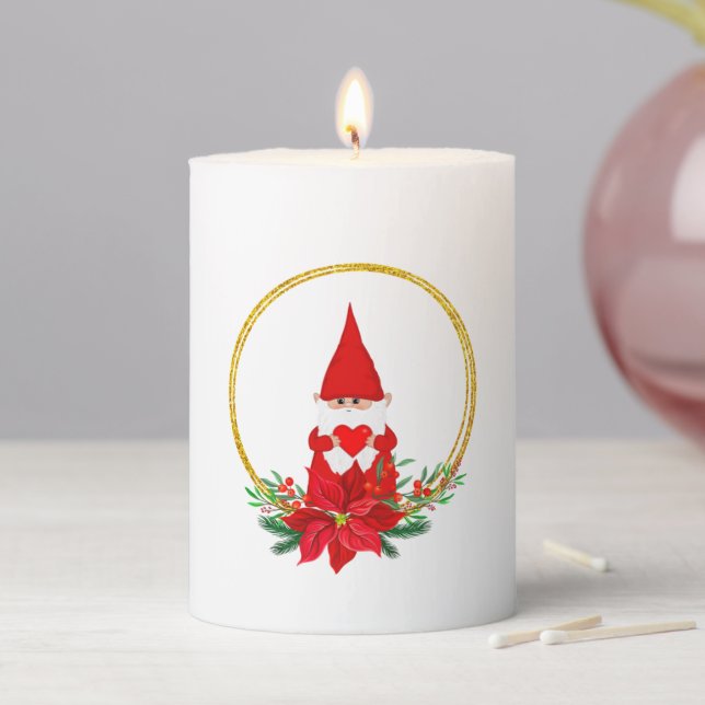 Cute Christmas Gnome on White Pillar Candle (In Situ)