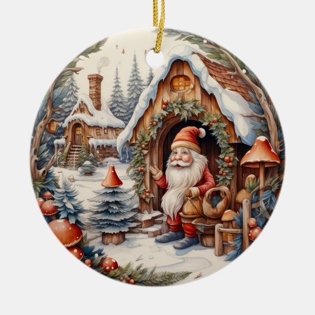Cute Christmas Gnome Personalized  Ceramic Ornament (Front)