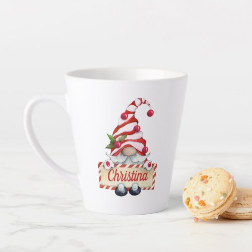 Cute Christmas Gnome Red Striped Hat Custom Name L Latte Mug