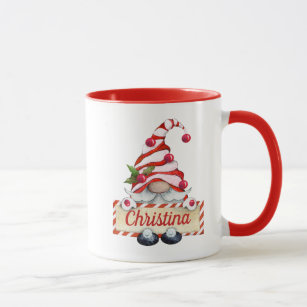 Cute Christmas Gnome Red Striped Hat Custom Name M Mug