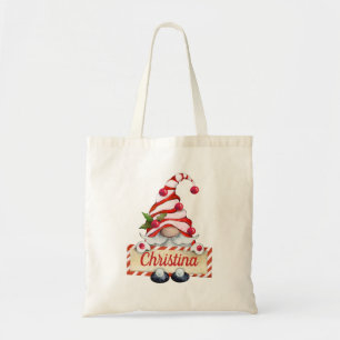 Cute Christmas Gnome Red Striped Hat Custom Name Tote Bag