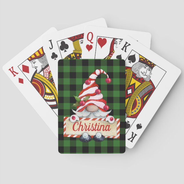 Cute Christmas Gnome Red Striped Hat Green Plaid Poker Cards (Back)