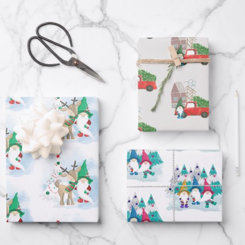 Cute Christmas Gnome Set of 3 Wrapping Paper Sheets