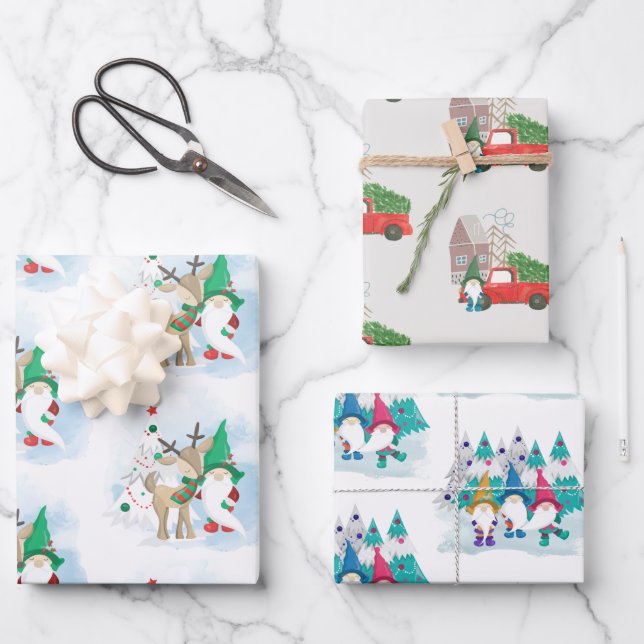 Cute Christmas Gnome Set of 3 Wrapping Paper Sheets (Front)