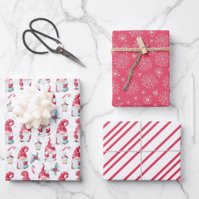 Cute Christmas Gnome Snowflakes Stripes Matching Wrapping Paper Sheets (Front)