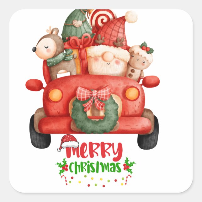 Cute Christmas Gnome Watercolor Clipart Square Sticker (Front)