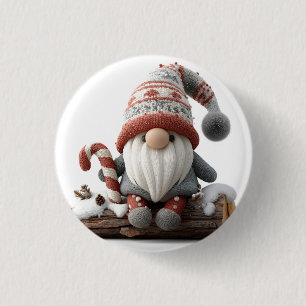 Cute Christmas Gnome with a Candy Cane on a Log Button