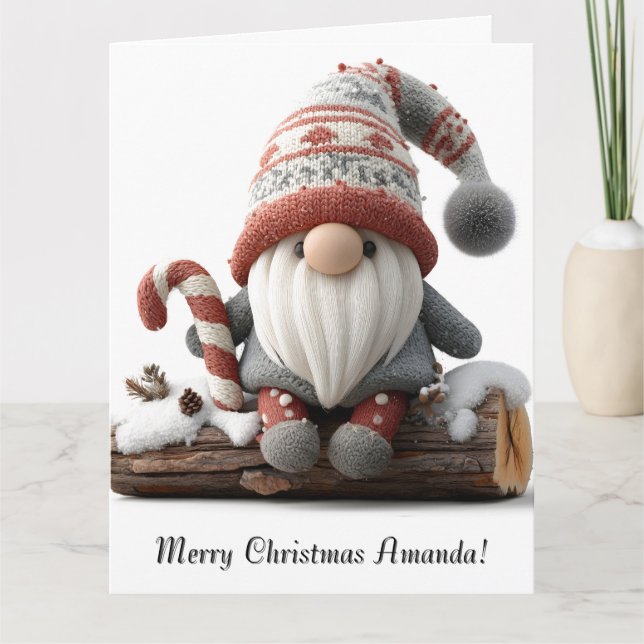 Cute Christmas Gnome with a Candy Cane on a Log Card (Front)