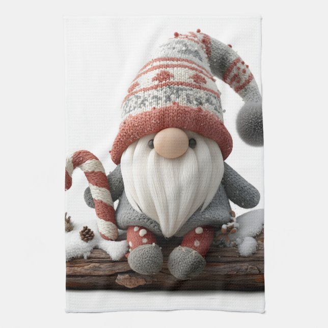 Cute Christmas Gnome with a Candy Cane on a Log Kitchen Towel (Vertical)