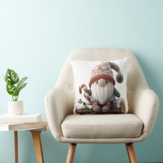 Cute Christmas Gnome with a Candy Cane on a Log Throw Pillow