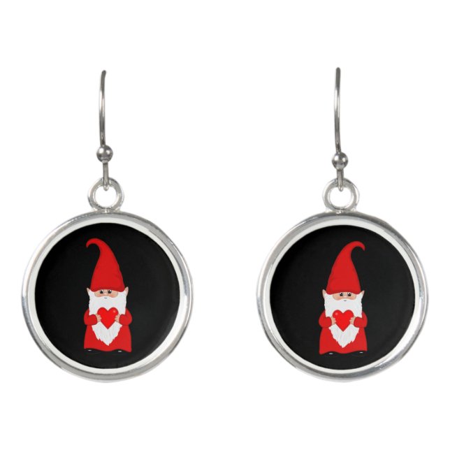 Cute Christmas Gnome with Heart on Black Earrings (Front)