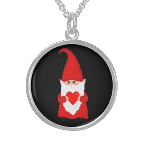 Cute Christmas Gnome with Heart on Black Sterling Silver Necklace