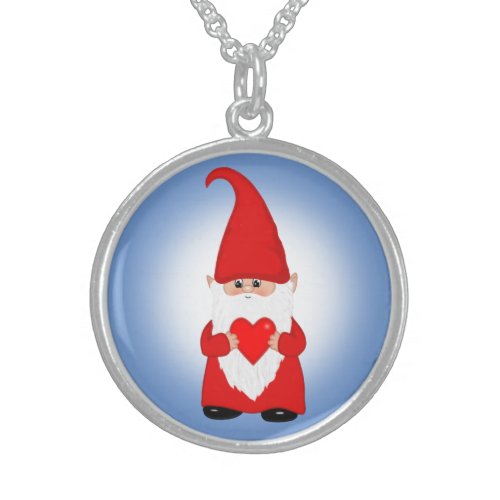 Cute Christmas Gnome with Heart Sterling Silver Necklace