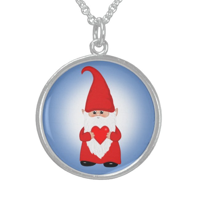 Cute Christmas Gnome with Heart Sterling Silver Necklace (Front)