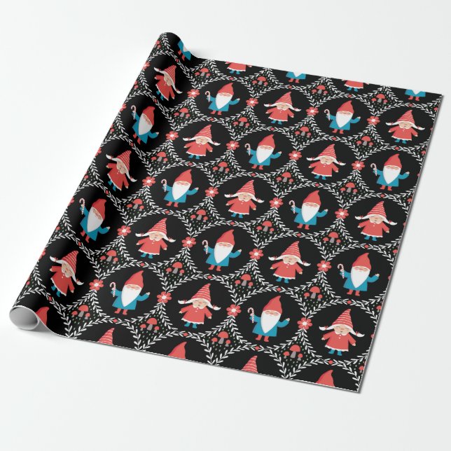 Cute Christmas Gnome Wrapping Paper (Unrolled)